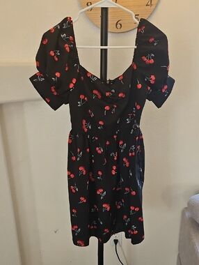 SHEIN Black Dress with Red Cherry Print and Puff Sleeves